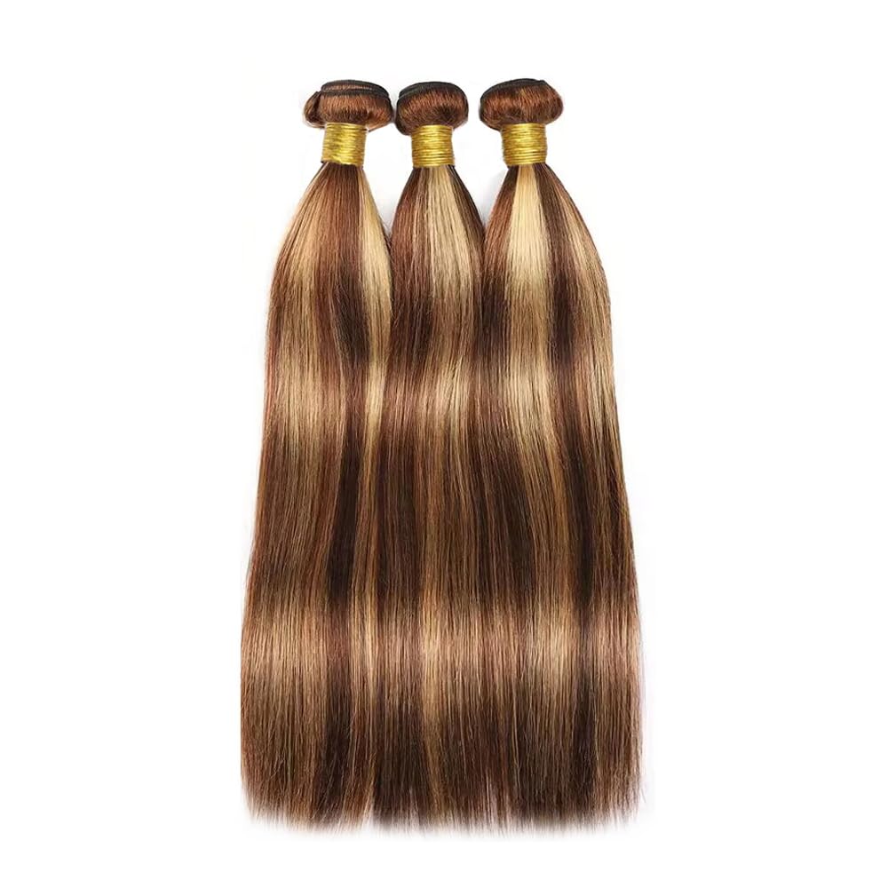 P4/27 Bundles Human Hair 4/27 Straight Bundle Ombre Human Hair Bundles 14 14 14 Inch Soft And Healthy Unprocessed Brazilian Remy Hair Extensions Honey Brown Bundle 3Pcs/Set