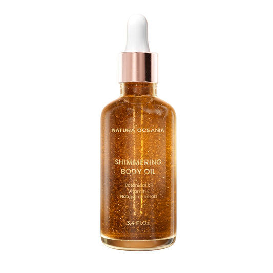 Natura Oceanía Argan oil with shimmer_for body and hair. Silky, lightweight, and illuminating oil with premium sweet and floral fragnance. Made in California