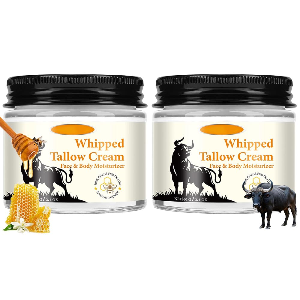 Cebo de Res para la Cara Original, Crema de Cebo de Res, Whipped Tallow Honey Balm, Aceite de Coco Prensado en Frío, Grass Fed Animal Balsam (2 Sebo de Res para la Cara Tallow and Honey Balm)