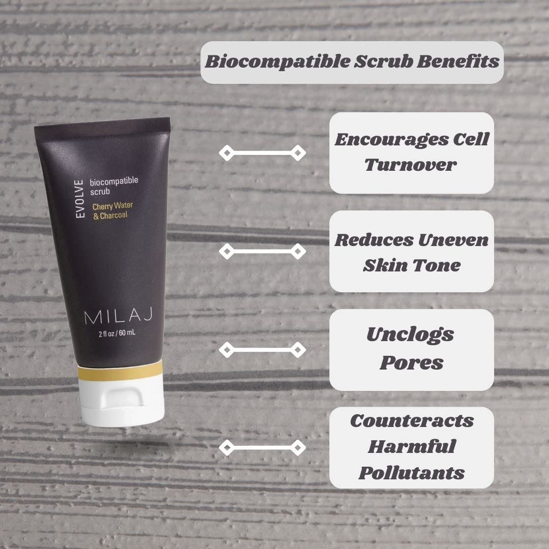 MILAJ Evolve Biocompatible Face Scrub | Charcoal & Cherry Water Facial Exfoliator to Cleanse Pores and Reduce Uneven Skin Tone | Clean Skincare for Regular Use 2fl oz