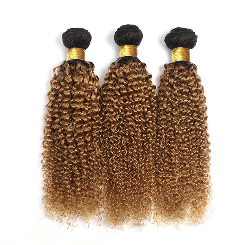 Honey Blonde Kinky Curly Human Hair Bundles - Two Tone Ombre | 8, 10, 12 Inch Lengths