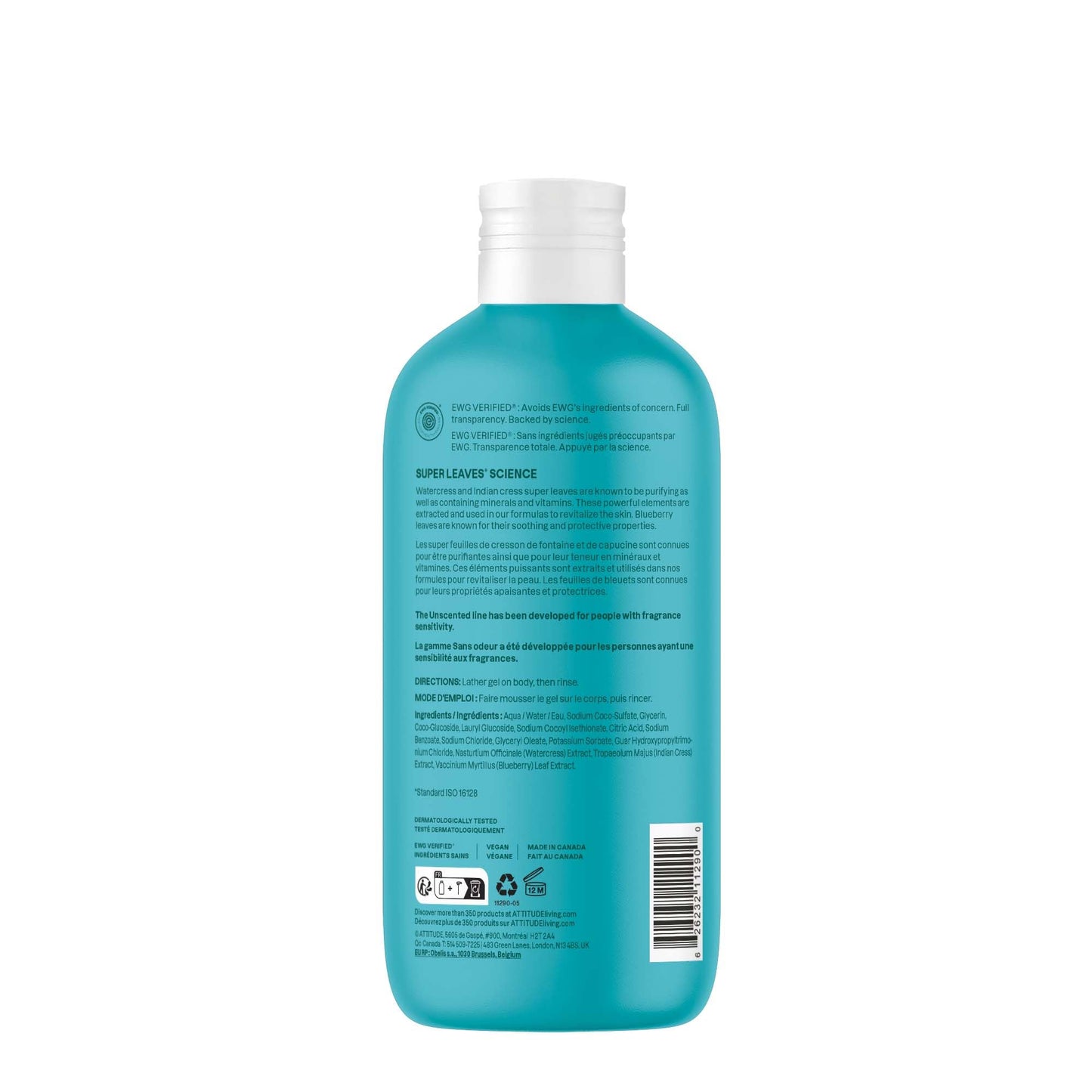 ATTITUDE Body Wash, EWG Verified Shower Gel, Dermatologically Tested, Plant and Mineral-Based, Vegan Personal Care Products, Extra Gentle, Unscented, 16 Fl Oz
