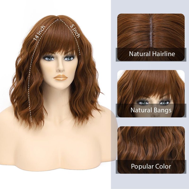 LOSMOEER Green Wig with Bangs Short Wavy Wigs for Women Shoulder Length Curly Bob Wigs Heat Resistant Synthetic Wigs for Halloween Cosplay Daily Party Use