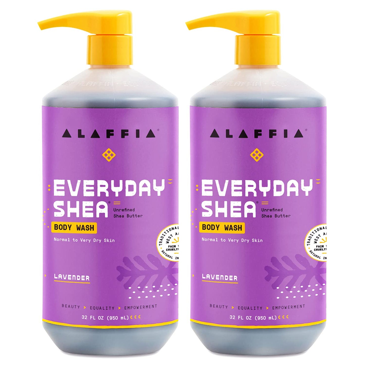 Alaffia Body Wash, EveryDay Shea, Lavender 2-Pack – Gentle Skin Cleanser, Shower Gel for Normal to Very Dry Skin, 32 Oz Ea