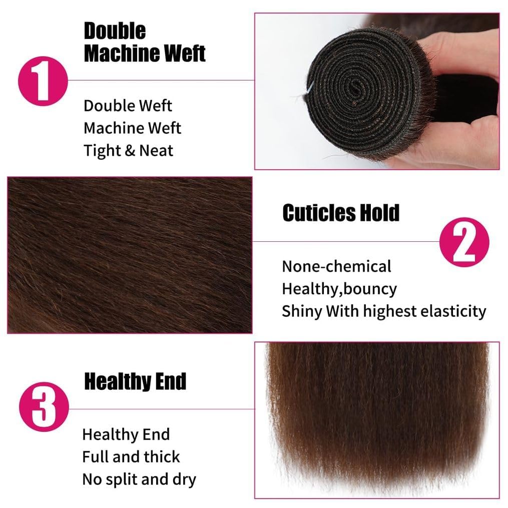 16 Inch Chocolate Brown Kinky Straight Bundles Human Hair 12A Grade 100% Unprocessed Brazilian Virgin Human Hair Weave Yaki Straight Bundles Brown