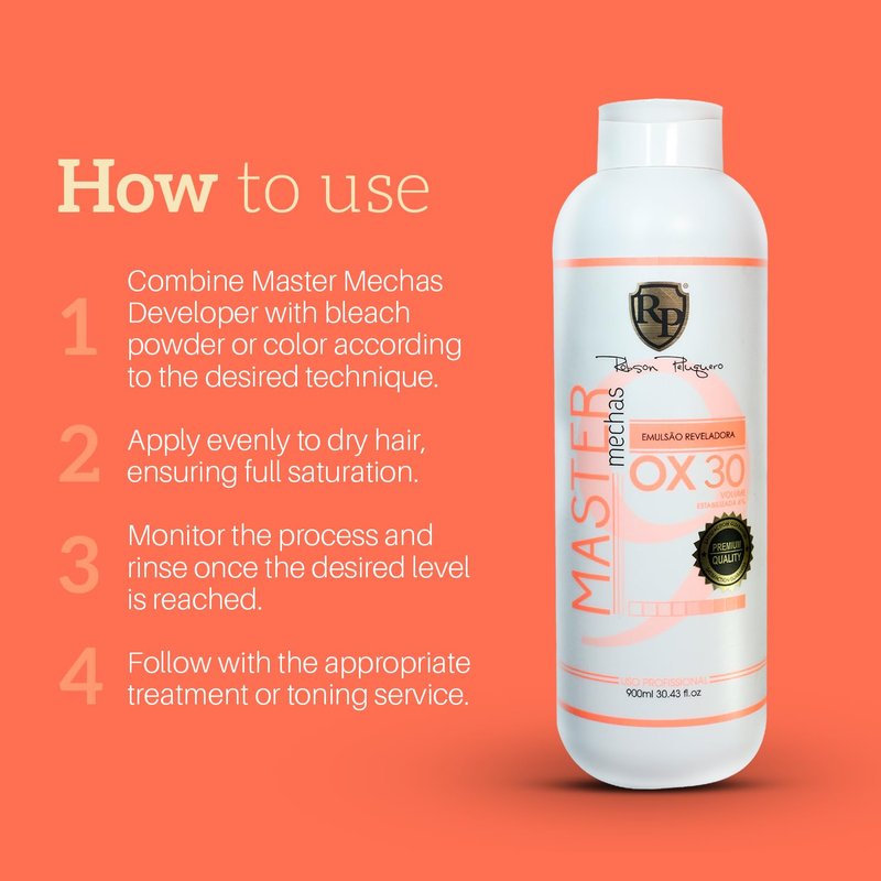 Robson Peluquero Master Mechas OX Hair Bleach 30 Volume, Hair Developer - 900mL | Professional High-Lift Cream Peroxide for Bleach Hair, Highlights, Balayage | Controlled Lightening & Protection