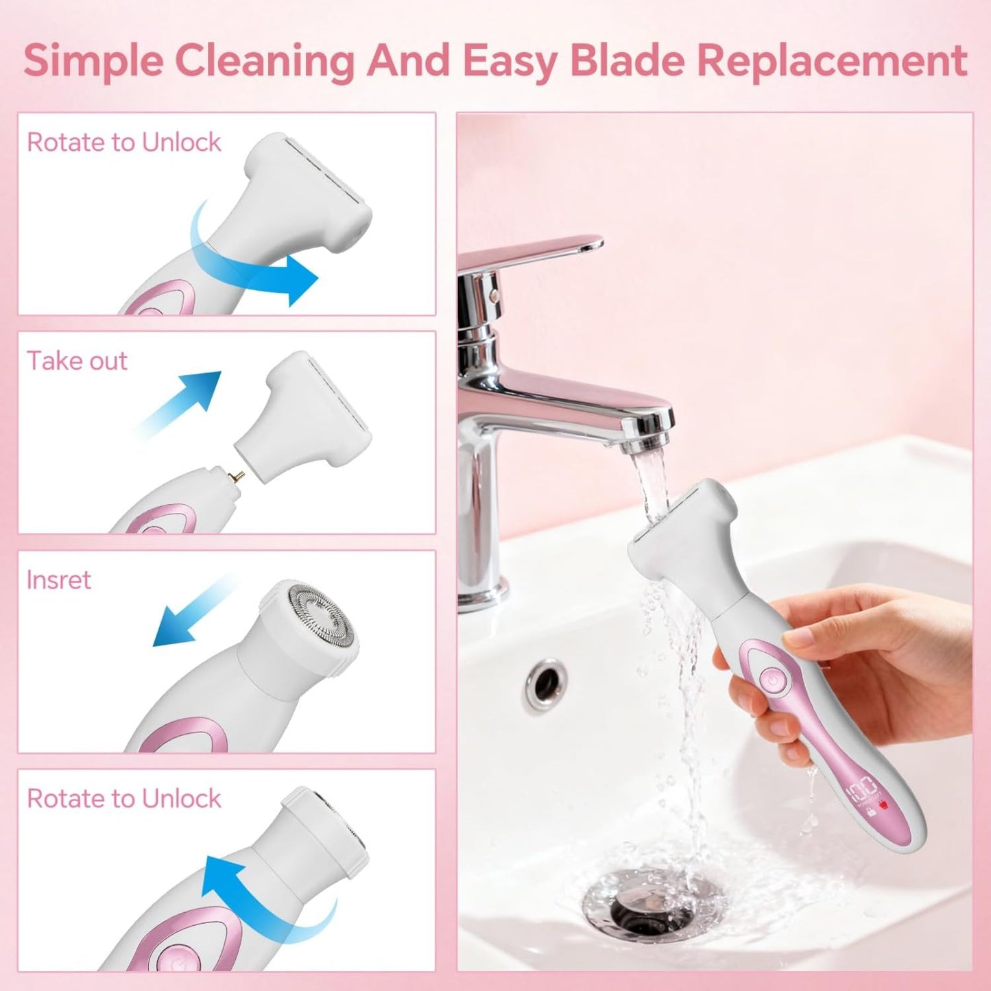 SilkGlow Bikini Trimmer Electric Razor for Women, 4-in-1 Rechargeable, Pink