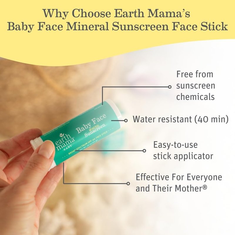 Earth Mama Baby Face Mineral Sunscreen Stick SPF 40 - (3 Pack) 0.74 oz - Non-Nano Zinc - Broad Spectrum Sunscreen for Babies, Kids & Family - Water Resistant Sun Protection