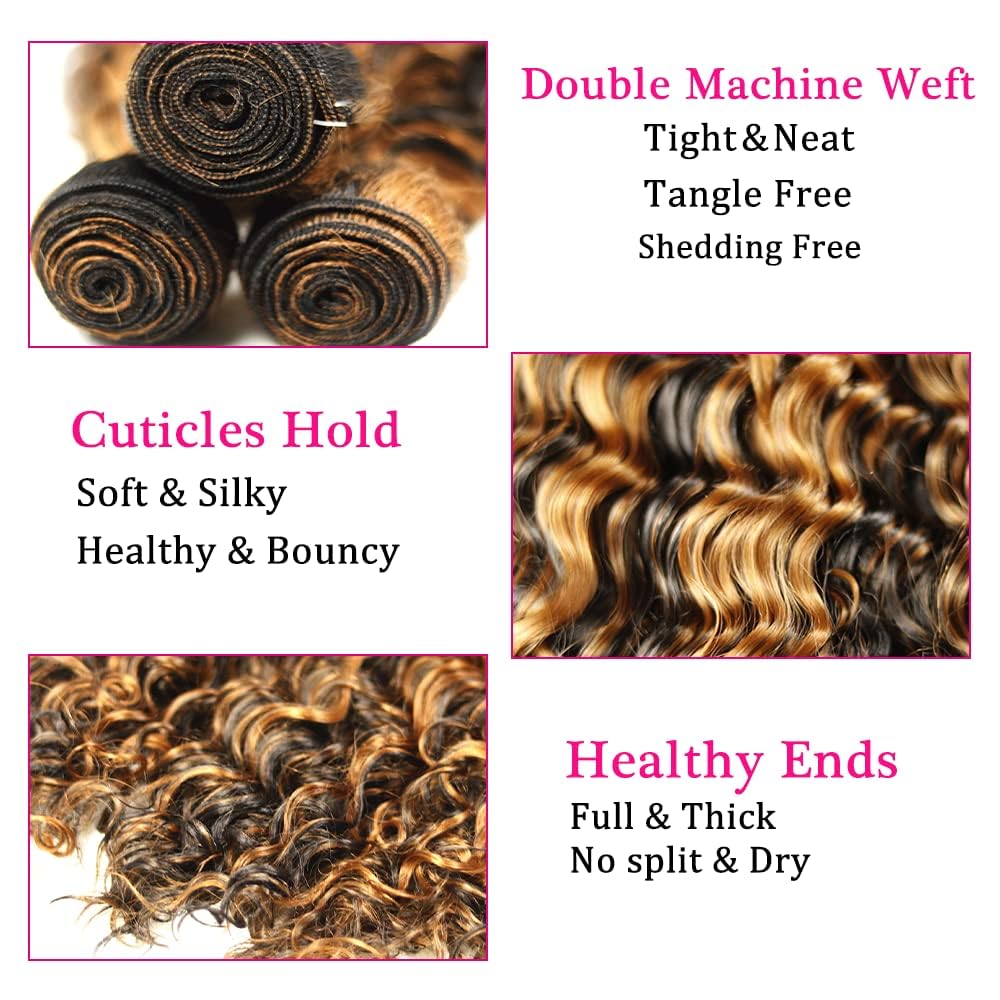 Ombre Human Hair Bundles - Highlight Brown Deep Wave Extensions | 30-34 Inch, Grade 8A Brazilian Remy Hair