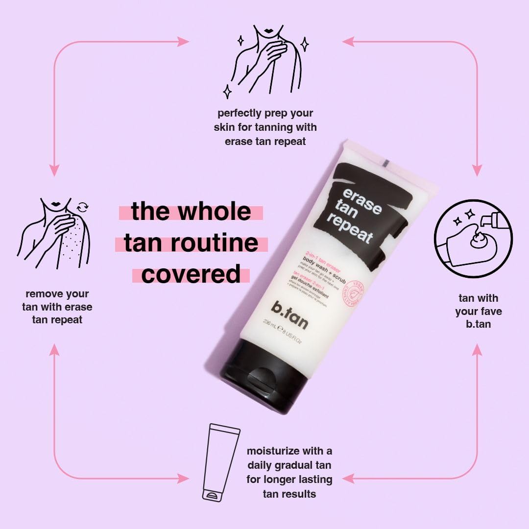 b.tan Self Tan Remover | Erase Tan Repeat - Best 2-in-1 Self Tanner Eraser & Exfoliator Scrub, Express, for Dark Spray Tans, Mousse, Gradual Lotion, Sunless Tanning Eraser, 8 Fl Oz