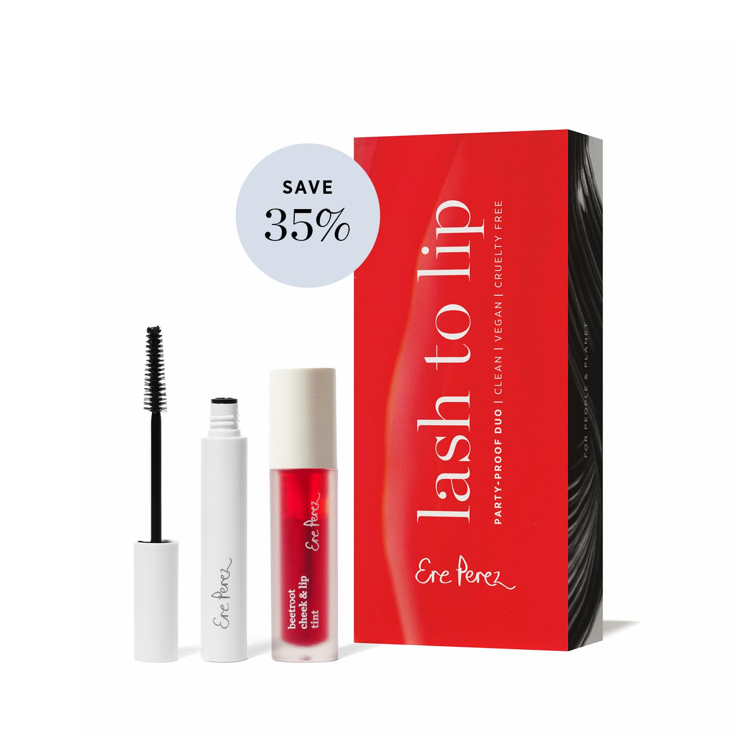 Ere Perez - Lash to Lip Party Proof Duo | Avocado Waterproof Mascara (Black) + Beetroot Cheek + Lip Tint (Joy) | Vegan, Cruelty-Free, Clean Beauty Safe for All Skin Types