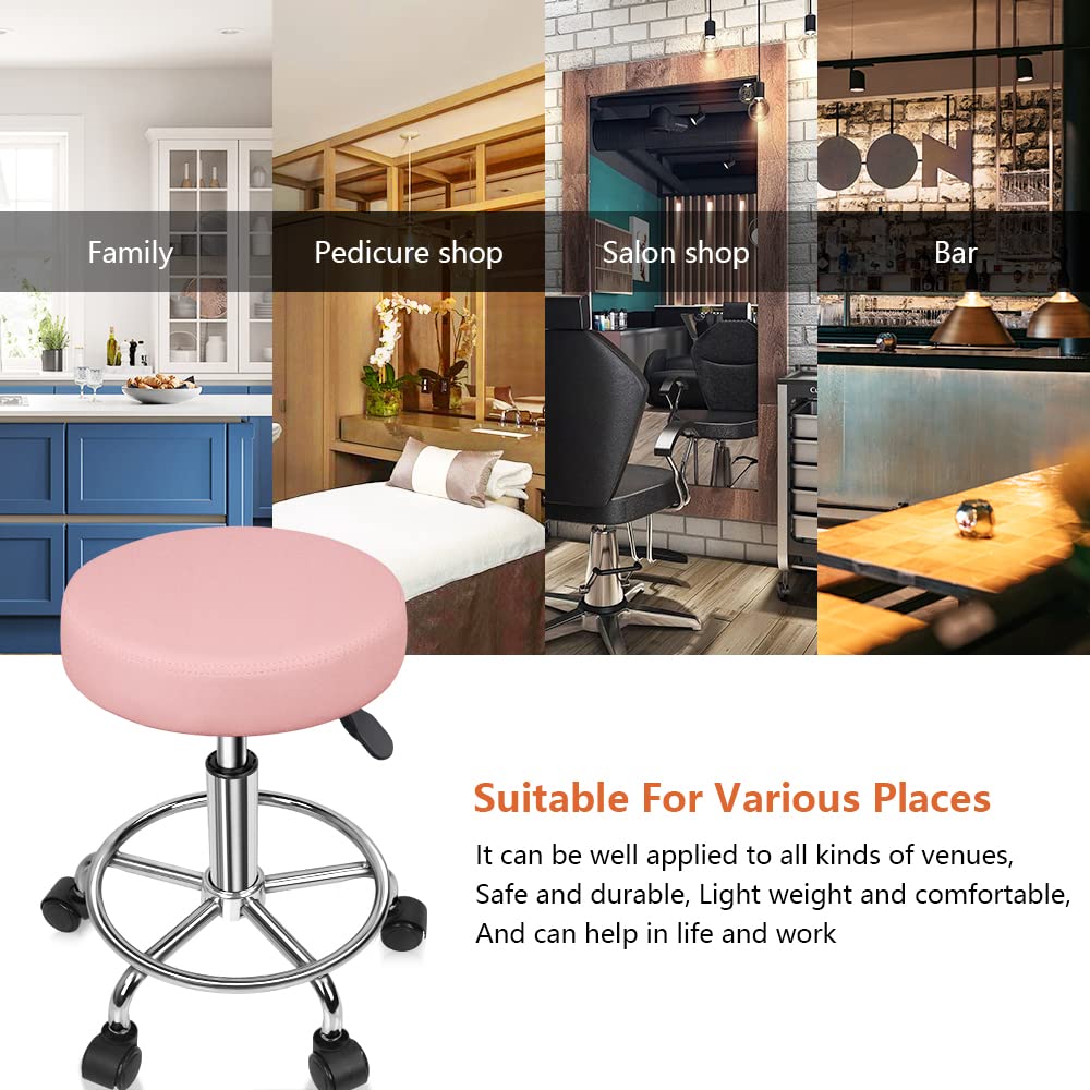 KKTONER PU Leather Round Rolling Stool with Foot Rest Swivel Height Adjustment Spa Drafting Salon Tattoo Work Office Massage Stools Task Chair Cushion 14 inches(Pink)