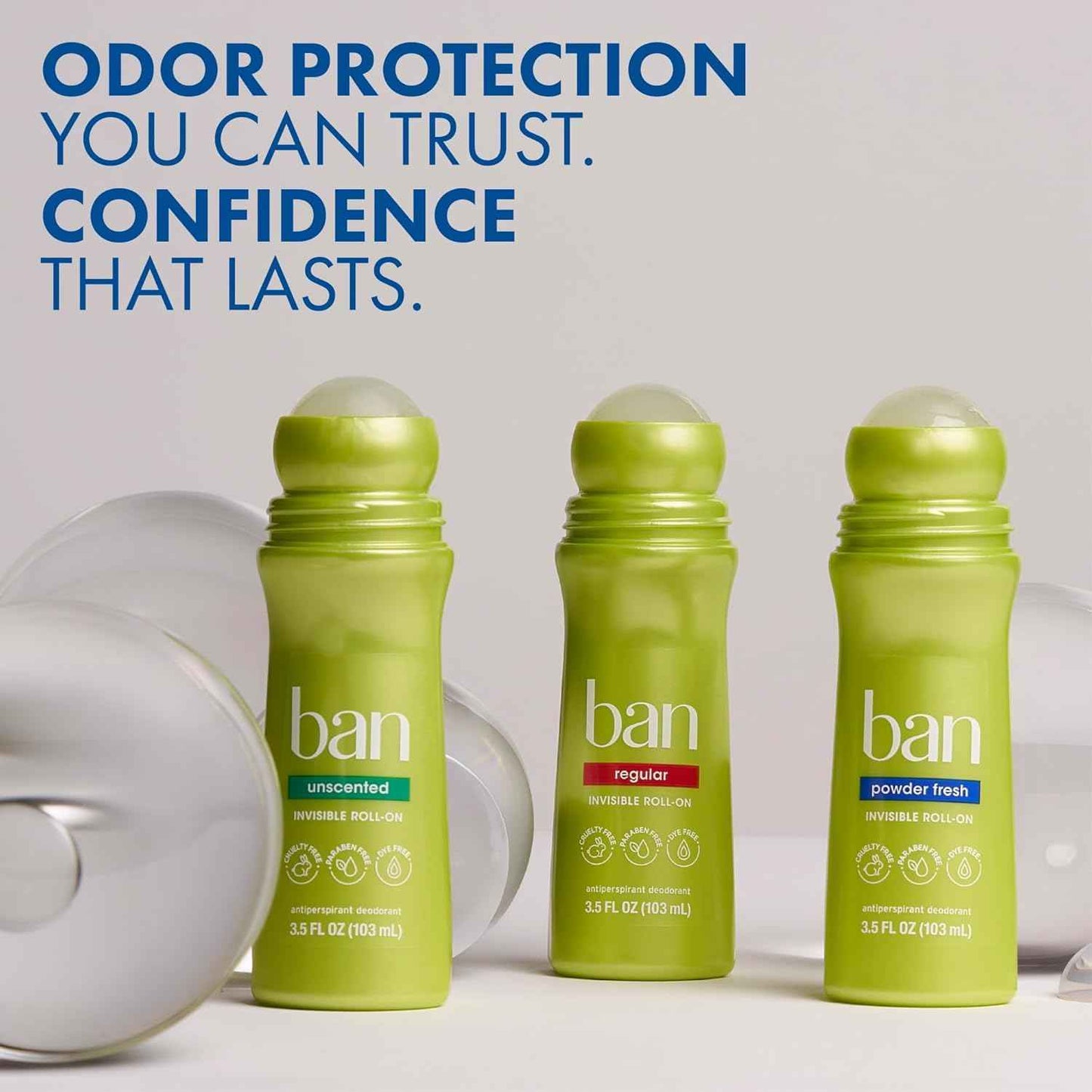 Ban Invisible Roll-on Antiperspirant Deodorant for Women and Men, 24-hour Underarm Odor & Sweat Protection, Powder Fresh, 3.5 Oz, Pack of 4