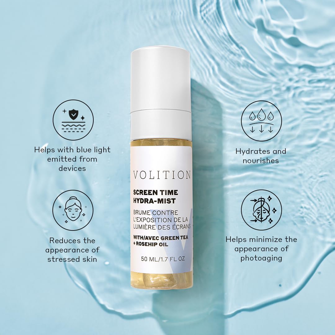 Volition Beauty Screen Time Hydra-Mist with Green Tea + Rosehip Oil | Moisturizing Facial Mist Helps Reduce Look of Fine Lines from Photoaging | Calms Redness, Nourishes & Soothes | Vegan