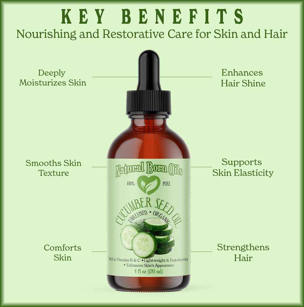 8oz Cucumber Seed Oil, 100% Pure and Natural, Cold-pressed, Unrefined, Moisturizer for Skin and Hair - Includes Pump & Flip Cap