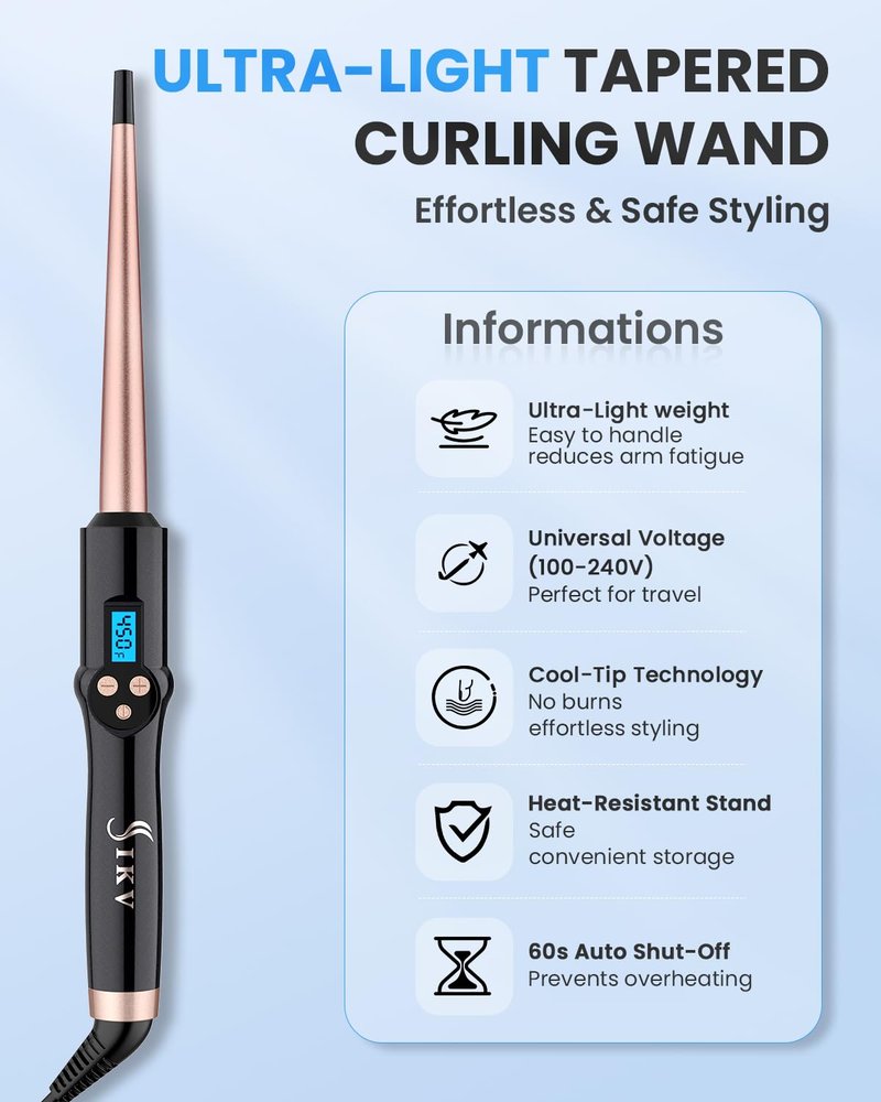 Tapered Curling Wand for Long Hair,3/8-3/4 Inch Curling Iron Ceramic Barrel,Dual Voltage Tapered Wand Iron 0.38" to 0.75",Heat-Resistant Glove(225-450℉)