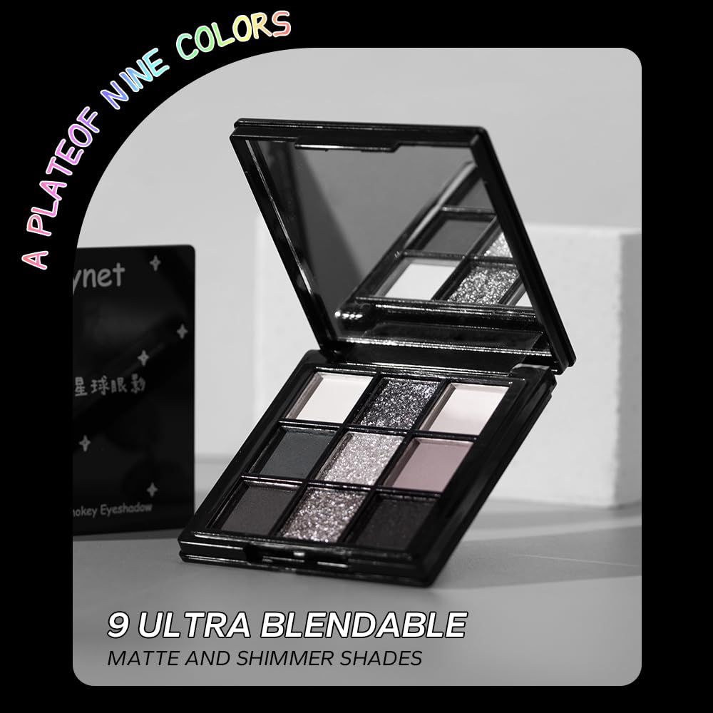 BAISEN DIARY 9 Color Smokey Eyeshadow Palette - Highly Pigmented Matte & Glitter Shades, Long-Lasting, Waterproof & Blendable, Black Silver Gray Eyeshadow Set for Sultry Glam (Reversal Star Smokey)
