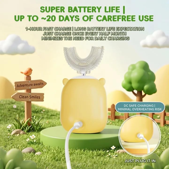 Kids U-Shaped Ultrasonic Electric Toothbrush - Rechargeable Sonic Design with Smart Timer | Yellow (Ages 2–6)