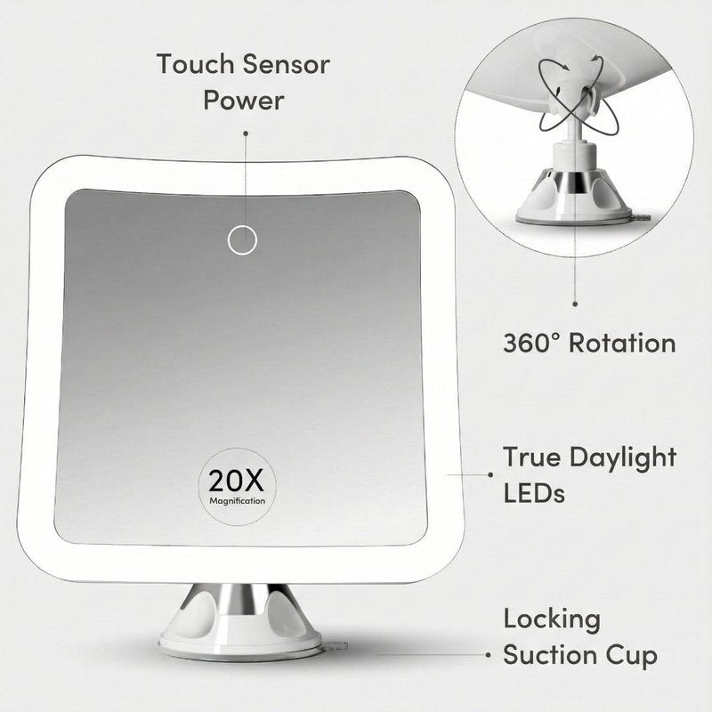 Fancii 20x Magnifying Makeup Mirror with LED Lights, Rechargeable, High Zoom | 7-inch Large Lighted Travel Mirror for Vanity and Bathroom, Dimmable, 3 Light Settings, Strong Suction, 360° Rotation
