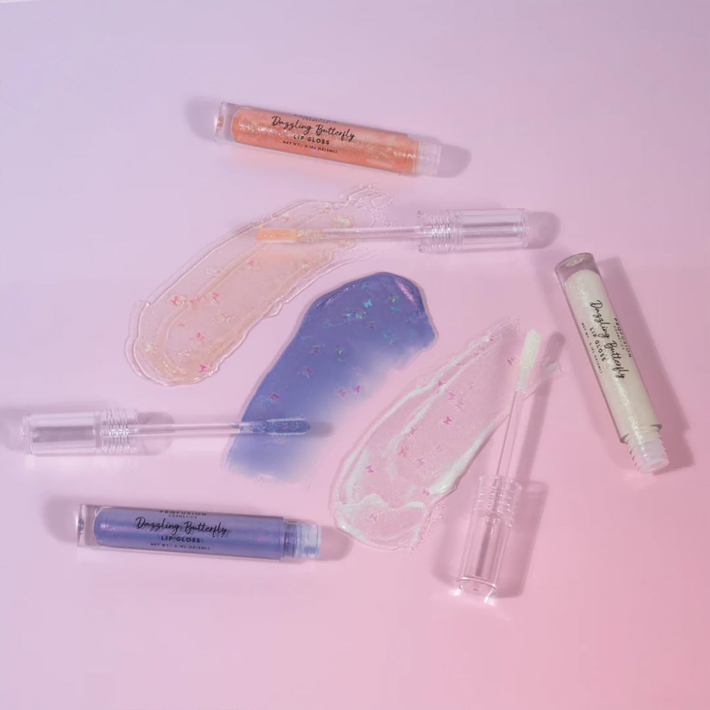 Profusion Cosmetics Daggling Butterfly Glassy Lip Gloss Set - 3-Piece Hydrating Gloss Trio with Sheer & Shimmer Tint, Long Wearing Elegance, Lightweight & Pocket-Sized Tube
