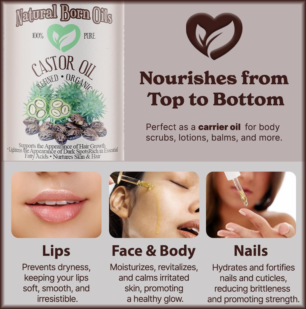 Natural Born Oils Castor Oil, 16oz, Organic, Cold-Pressed, Nutrient-Rich, Deep Skin Nourishment, Hair Strengthening