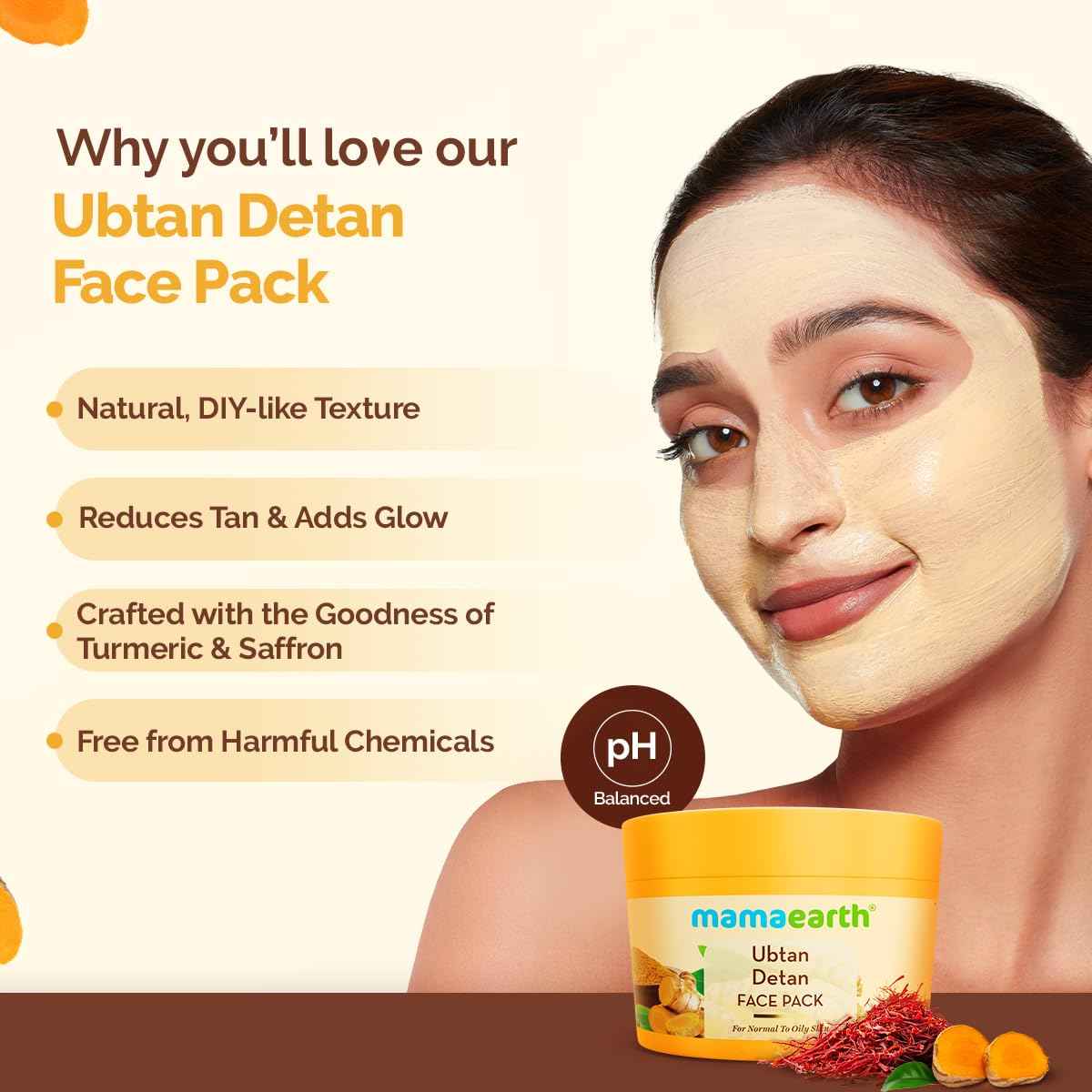MAMAEARTH Ubtan Face Pack with Turmeric & Saffron | De-Tan Mask to Remove Tanning & Restores Natural Glow | Help Reduces Spots & Makes Skin Soft & Supple | 7.05 Oz (200g)