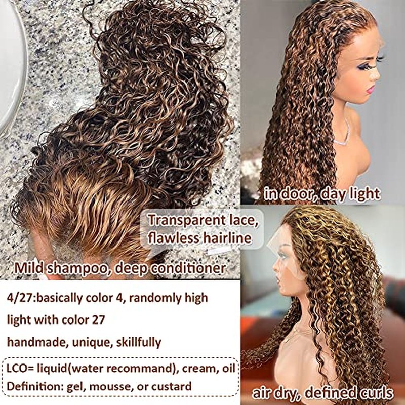 CYNOSURE 16 Inch Highlight Ombre Deep Curly Lace Front Wigs Human Hair Pre Plucked 180 Density Honey Blonde Jerry Curly Wig Human Hair 13x5 HD Transparent Lace Frontal Wigs Human Hair for Women
