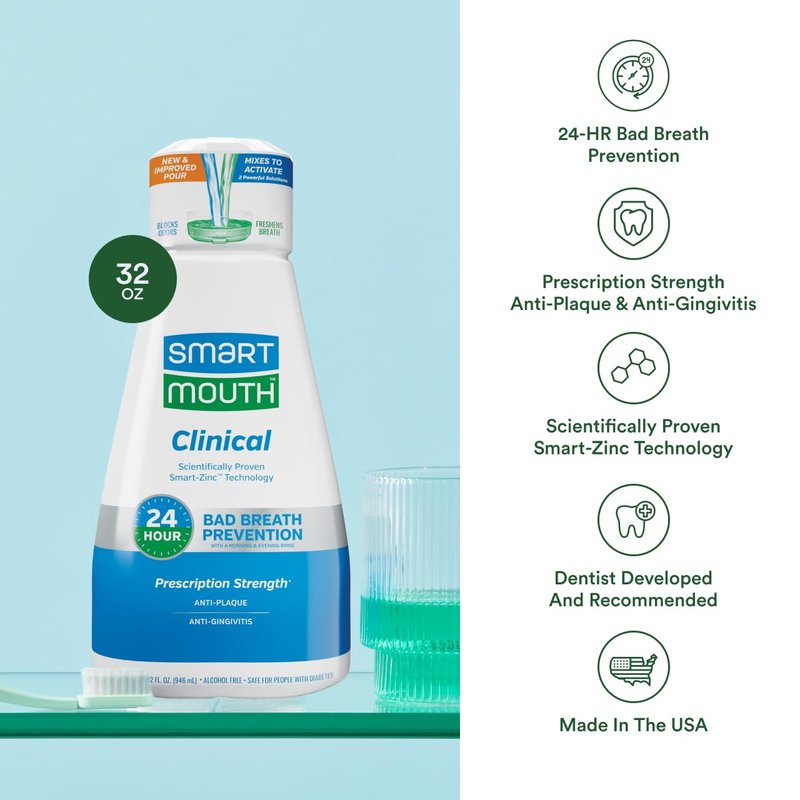 SmartMouth Clinical Zinc Activated Mouthwash - Anti-Plaque & Anti-Gingivitis for Healthy Gum Support - All-Day Fresh Breath - Alcohol-Free, Sugar-Free, & Gluten-Free - Clean Mint - 32 fl oz
