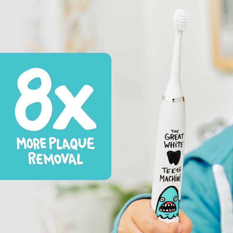 Made by Dentists Kids Electric Toothbrush - Rechargeable Vibrating Toothbrush with Timer, Includes 6 Replacement Heads, Gently Cleans Teeth, Kid & Toddlers Age 2+, Shark