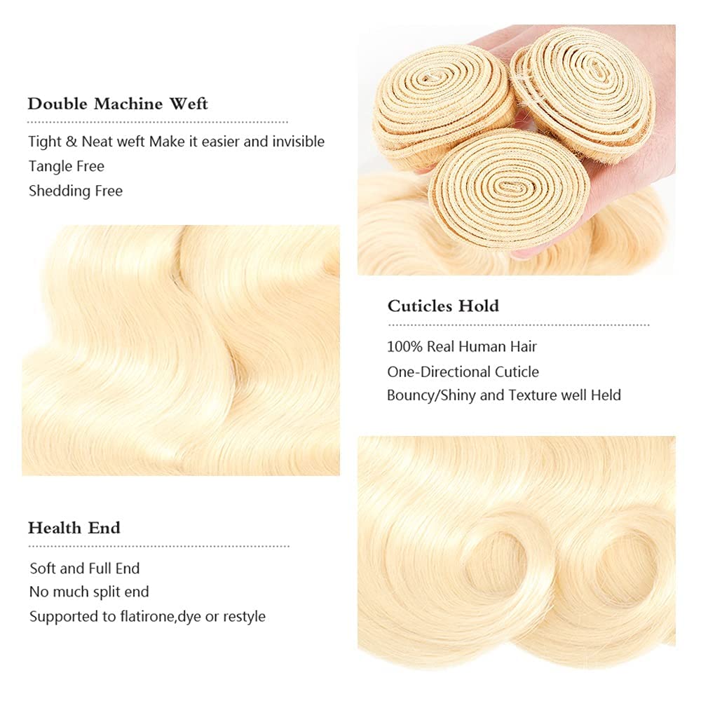 Aikebi Brazilian Human Hair Bundles 12 14 16 Inch Blonde 613 Color Body Wave Bundles Human Hair 100% Unprocessed 10A Quick Weave for Black Women Soft Sewn In with Double Weft