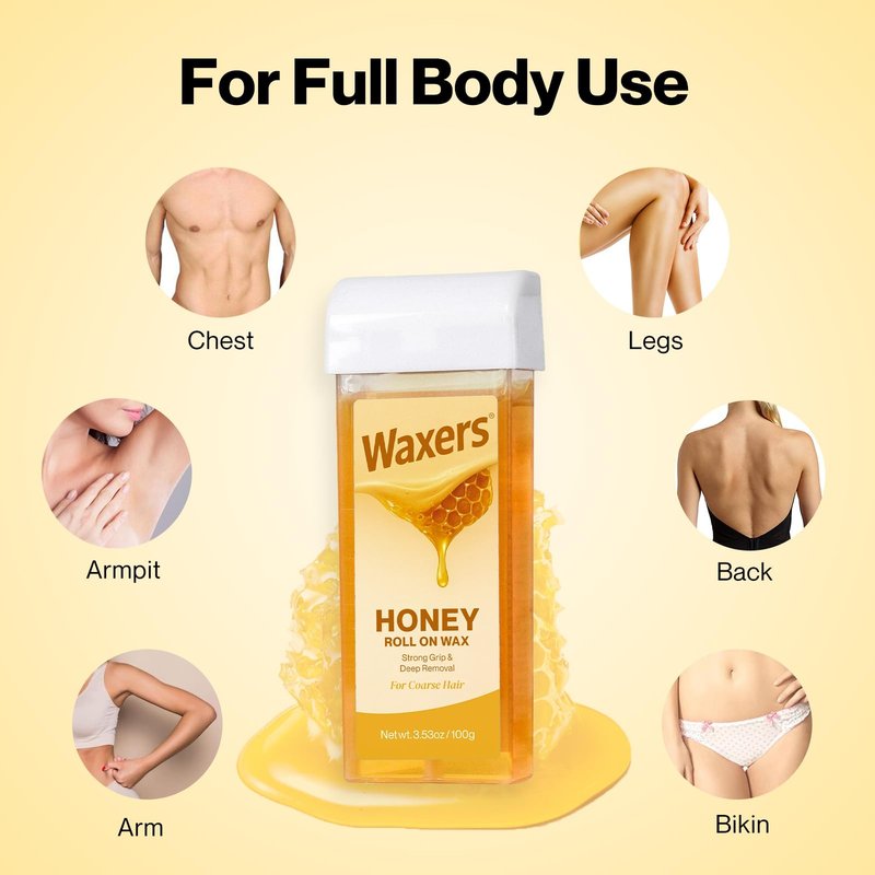 Waxers Roll on Wax Kit for Hair Removal Honey at Home Waxing Kit for Women & Men Roller Wax Cartridge Depilotry for Coarse & Thick Hair with Warmer & Strips