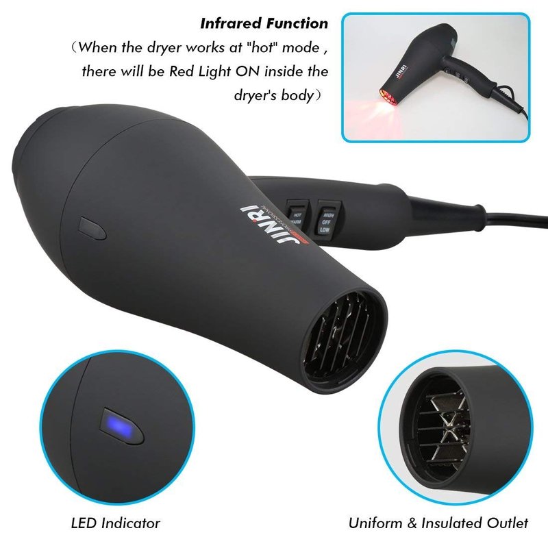 JINRI Ionic Hair Dryer with Diffuser & Comb and Concentrator, Lightweight Quiet Infrared Blow Dryer, Powerful 1875 Watt Motor for Smooth and Fast Drying Hair, Black