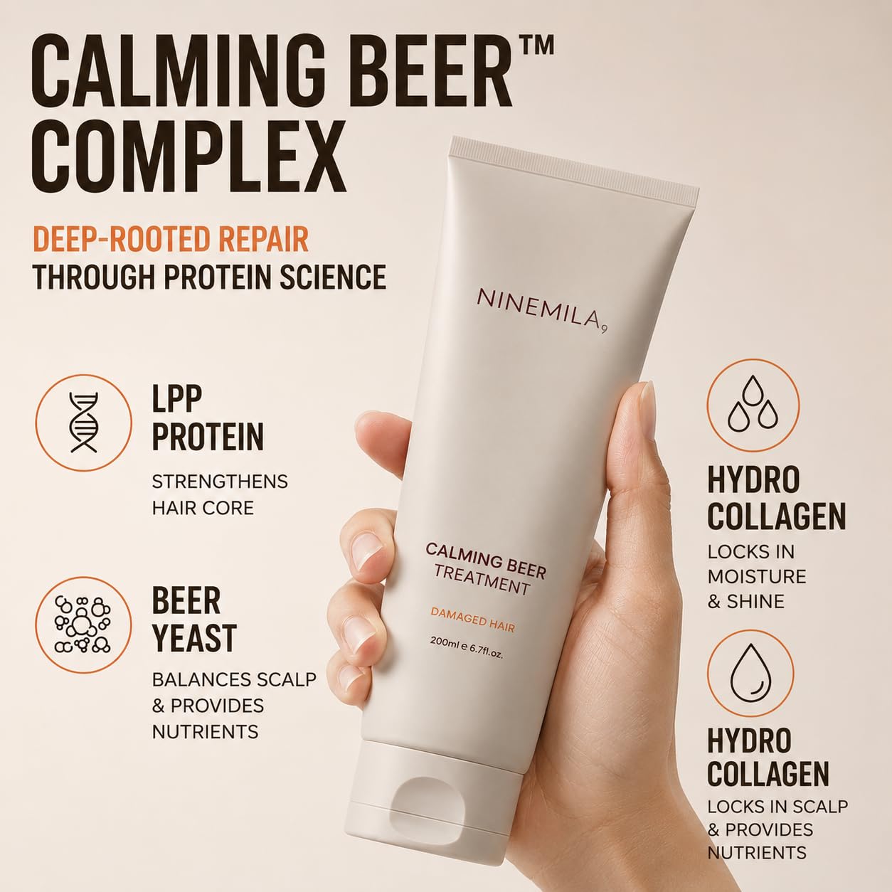 NINEMILA Protein Hair Treatment Conditioner | Calming Beer™ Complex with Beer Yeast, LPP Protein & Hydro Collagen | For Dry, Frizzy & Damaged Hair (200ml)