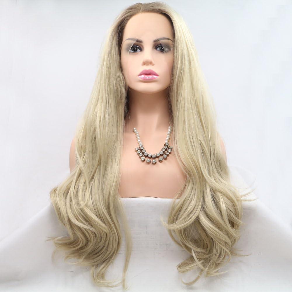 Xiweiya 13x3 Lace Long Ombre Blonde Wavy Lace Front Wig with Blonde Brown Roots Natural Wave Synthetic Lace Front Wig for Halloween Cosplay Wig Lace Heat Resistant Fiber High Density Wig for Women 24"