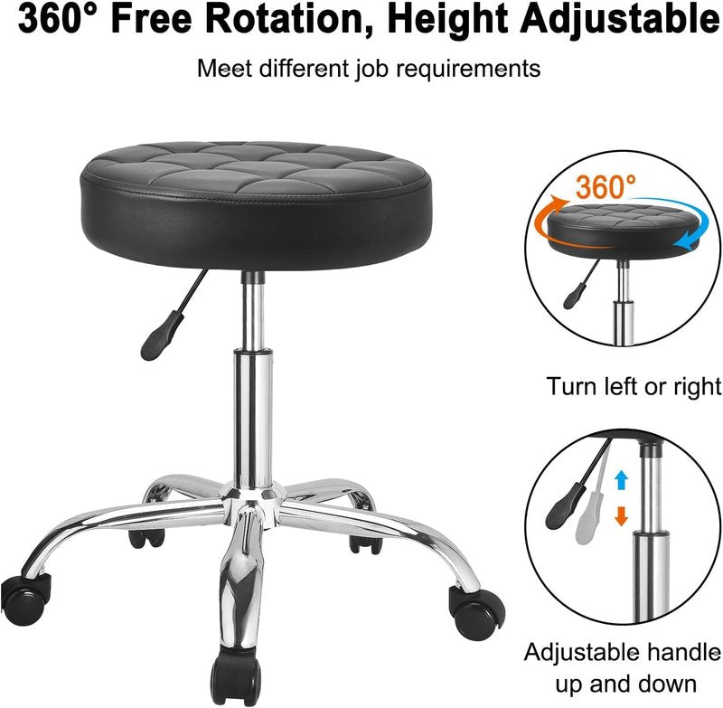 Height Adjustable Rolling Stool - PU Leather Swivel Chair for Home Office & Salon | Drafting Task Chair with Wheels