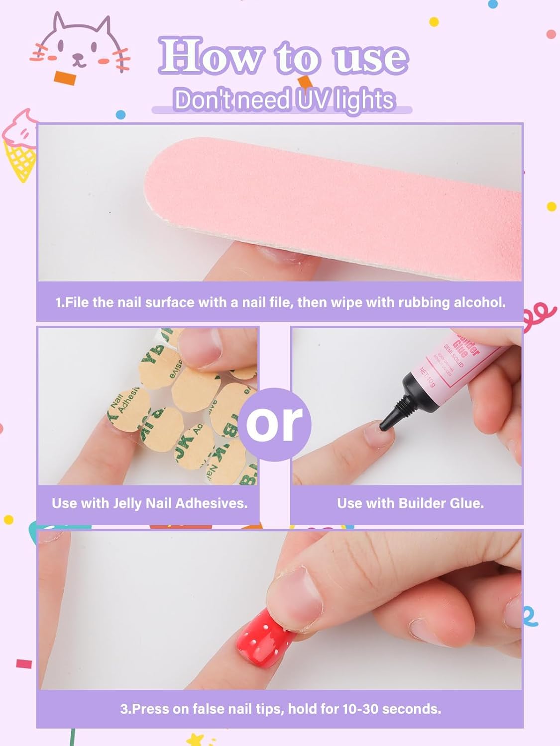 Press On Nails for Kids - Cute Heart & Mermaid Designs | Short Almond Style, 130PCS Set for Ages 8-12 with Adhesive Tabs & Quick-Dry Glue
