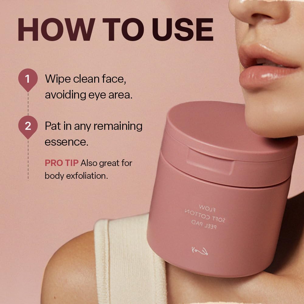 KOY Flow Soft Cotton Peel Pads 70 Sheets, Gentle Exfoliating and Pore Care with Natural Enzyme and Keratinase, Low irritation, Soothing Care & Deep Hydration for Smooth & Radiant Skin, 5.07 fl oz