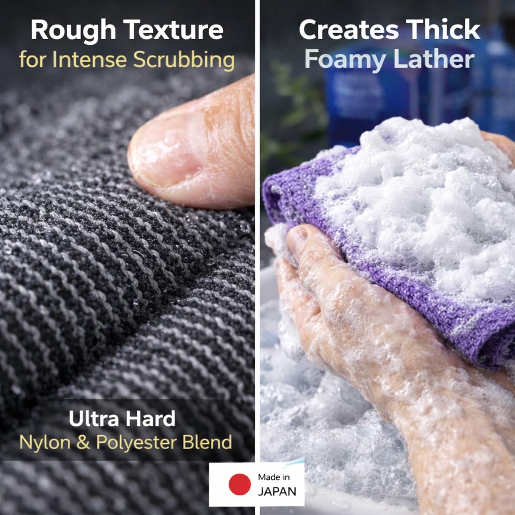 Extra Rough, Exfoliating Washcloth [Made in Japan] Exfoliating Towel Special texture makes Fluffy Foam lather, Back Scrubber, Dead Skin Cell Remover [Loofah for Women and Men] (2pcs set)