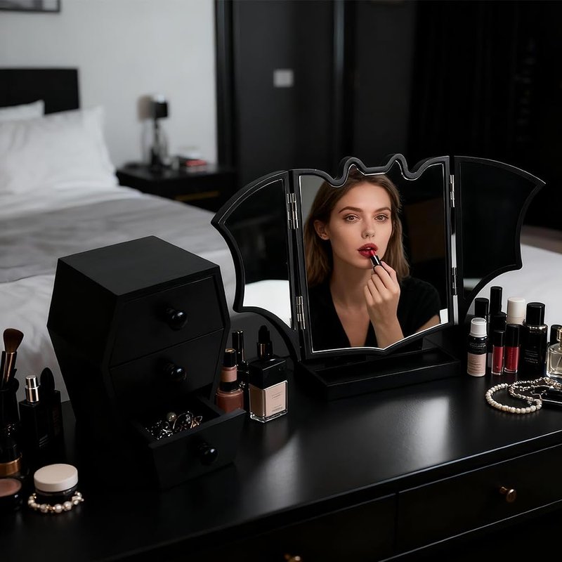 Gothvanity Gothic Bat Trifold Vanity Mirror - Adjustable Panels Spooky Dark Aesthetic Makeup Mirror, Solid Wooden with Storage Tray, Dressing Table Decor for Goth Enthusiasts