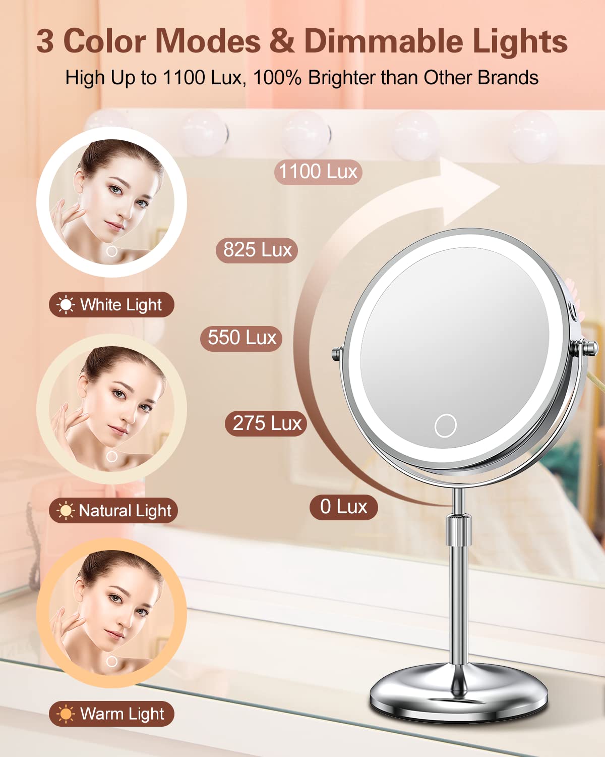 Benbilry 7" Lighted Makeup Mirror with Magnification 10X & 3 Color Lights, Adjustable Brightness & Height, 360° Swivel Rechargeable LED Magnifying Make Up Vanity Mirror with Lighting (Silver)