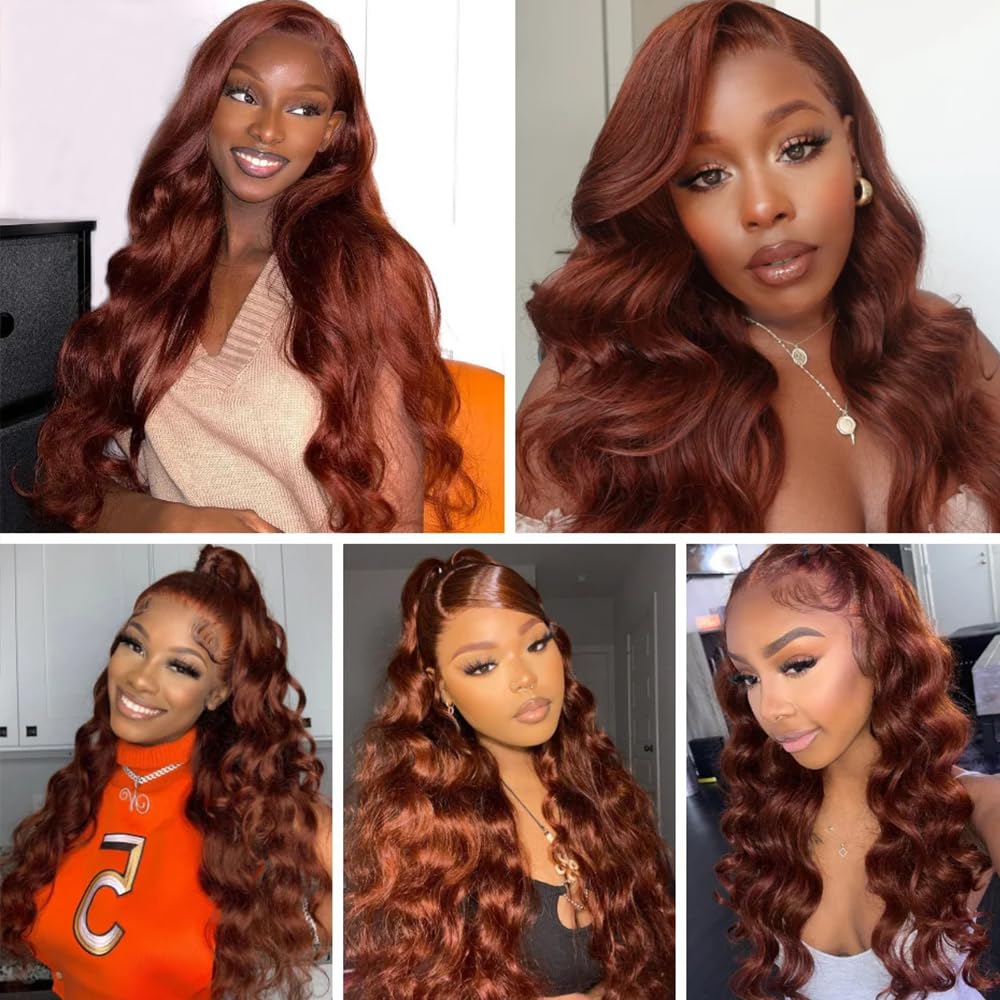 Niciitysi Color 33 Human Hair Reddish Brown Body Wave Bundles 8 10 12 inch Double Weft Brazilian Copper Red Hair Extensions Auburn Bundles Silky Soft for Women