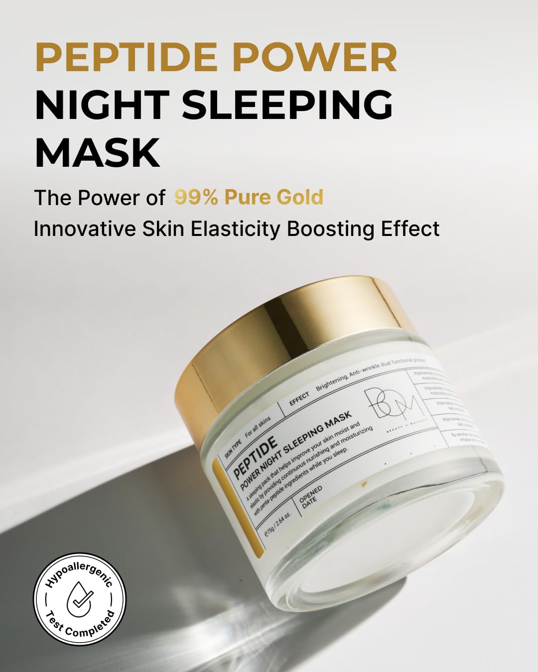 BOM COSMETICS Peptide Power Night Sleeping Mask 2.64 Fl Oz, High-Density Hydrating Overnight Facial Mask with Penta-Peptides and 99% Pure Gold for Skin Elasticity, Smooth Skin Texture, Korean Skincare