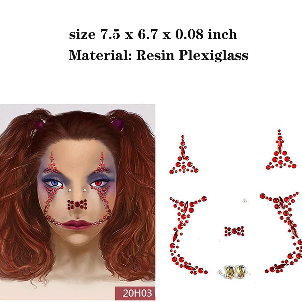 Halloween Clown Face Gems Jewels, Day of the Dead Rhinestone Face Jewels Temporary Skull Tattoos for Women Halloween Makeup Costume