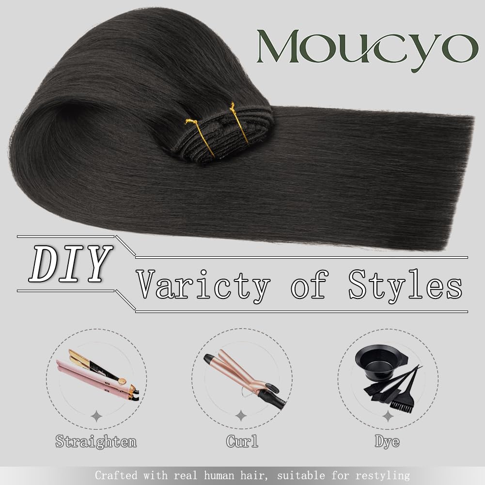 Moucyo Clip in Hair Extensions Real Human Hair 100% Brazilian Remy Human Hair Seamless Invisible clip on hair extensions for women Double Weft 7pcs 16 Inch 85g #1B Natural Black
