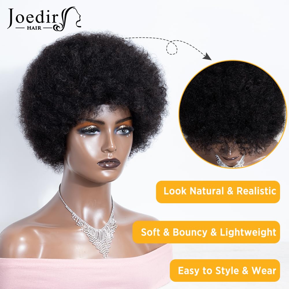 Joedir HAIR Short Afro Human Hair Wigs for Black Women Natural Black Afro Curly Wig Soft and Bouncy Glueless Wig 130% Density (Color: Natural)