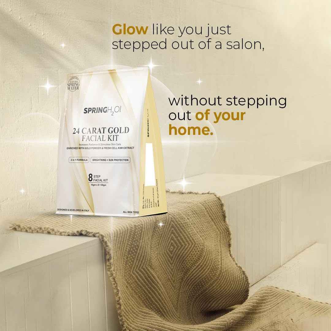 SPRING H2O 24 Carat Gold Facial Kit 80gm| 2 in 1 Formula Brightning+Sun Protection| Enriched with Fresh Cell KIWI Extract and Gold Powder|Simple 8 Step