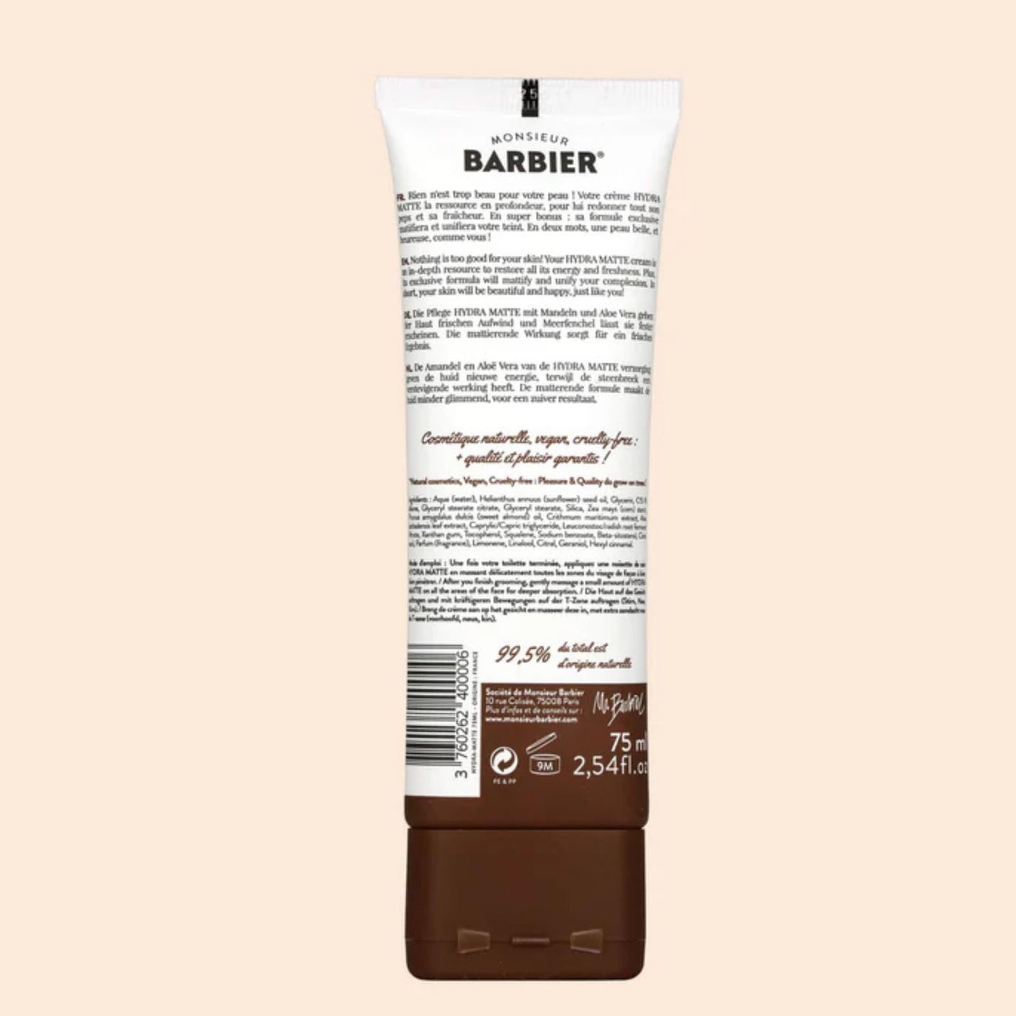 Monsieur Barbier Mattifying Moisturizer Face Cream Hydra Matte Hydrating Facial With Aloe Vera, Sweet Almond Oil, Sea Samphire Deep Hydration, Nourishes Eliminates Shine Non-greasy Made in France 75ml