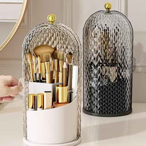 Makeup Brush Holder Organizer with 360¡Æ Rotating Lid Dustproof Makeup Brushes Organizer for Vanity Desktop Bathroom Countertop Clear Cover Easy Visibility (Black)