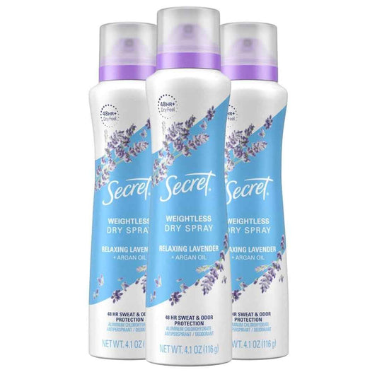 Secret Dry Spray Deodorant Antiperspirant for Women, 48hr Weightless Sweat & Odor Protection, Gentle on Skin, Relaxing Lavender & Argan Oil Scent, 4.1 oz (Pack of 3)