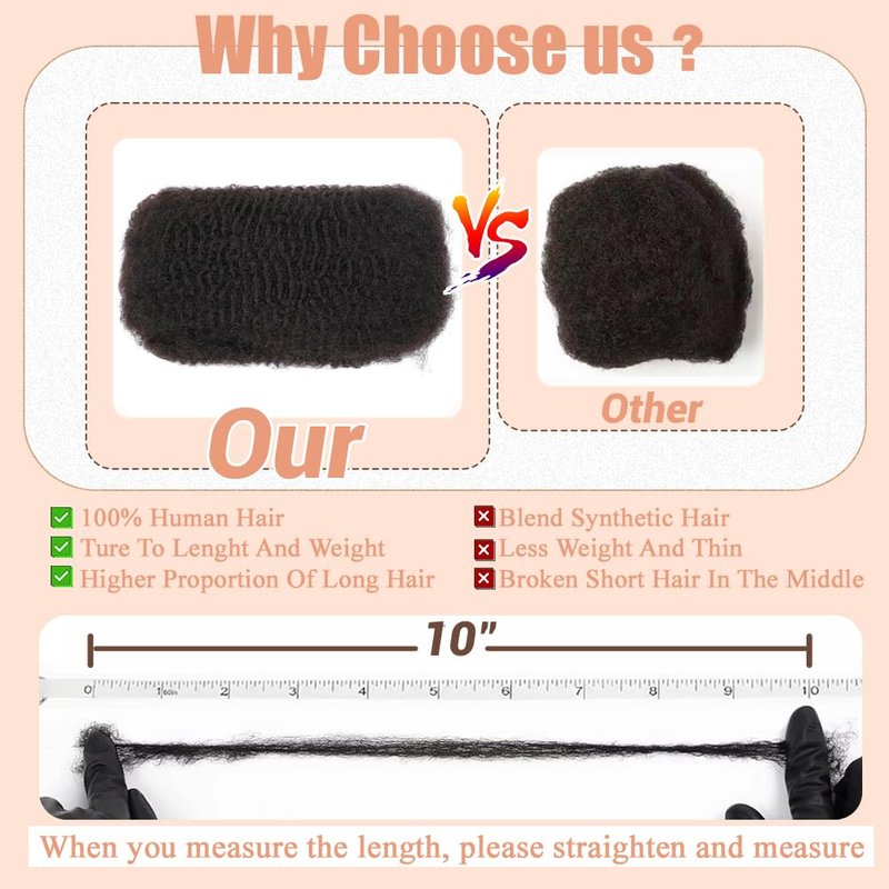 Afro Kinkys Bulk 100% Human Hair For Twist Dreadlock Extensions Afro Kinky Curly Human Braiding Hair For Repair Crochet Dreads Loc Twist Braids (#1B, 12Inch-50Gram)